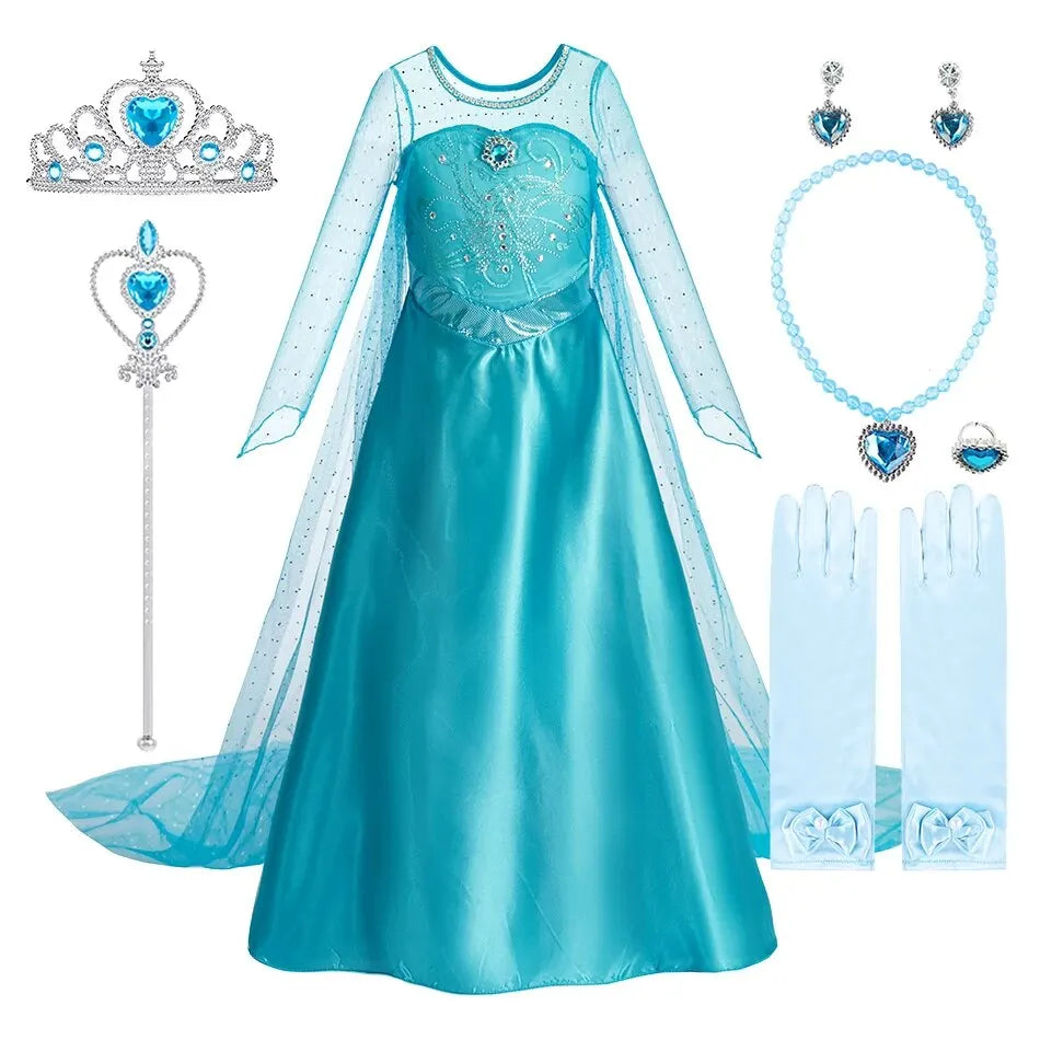 Halloween Elsa Kleid für Mädchen Kinder Party Prinzessin Kostüm Kinder Verkleidung mit langem Umhang Mädchen Schneekönigin Karnevalskleidung