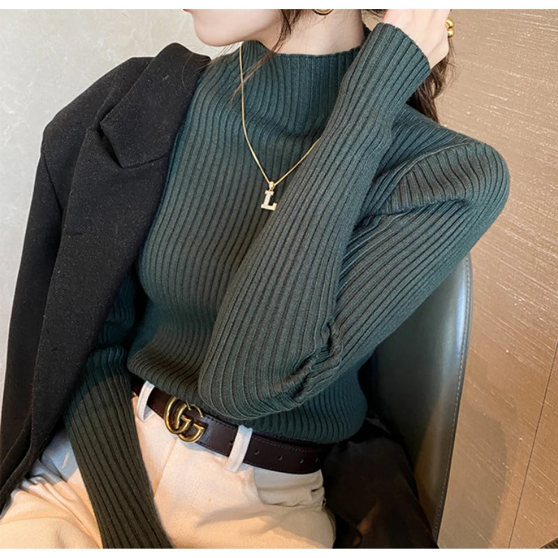 Nouveau pull élégant basique en maille unie pour femme, col roulé, manches longues, décontracté, coupe ajustée, mode simple et chic