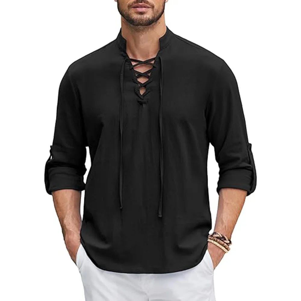 Chemise Renaissance Homme Pirate Médiéval Viking Haut Chemises en coton et lin Hommes à manches longues Costume d'Halloween