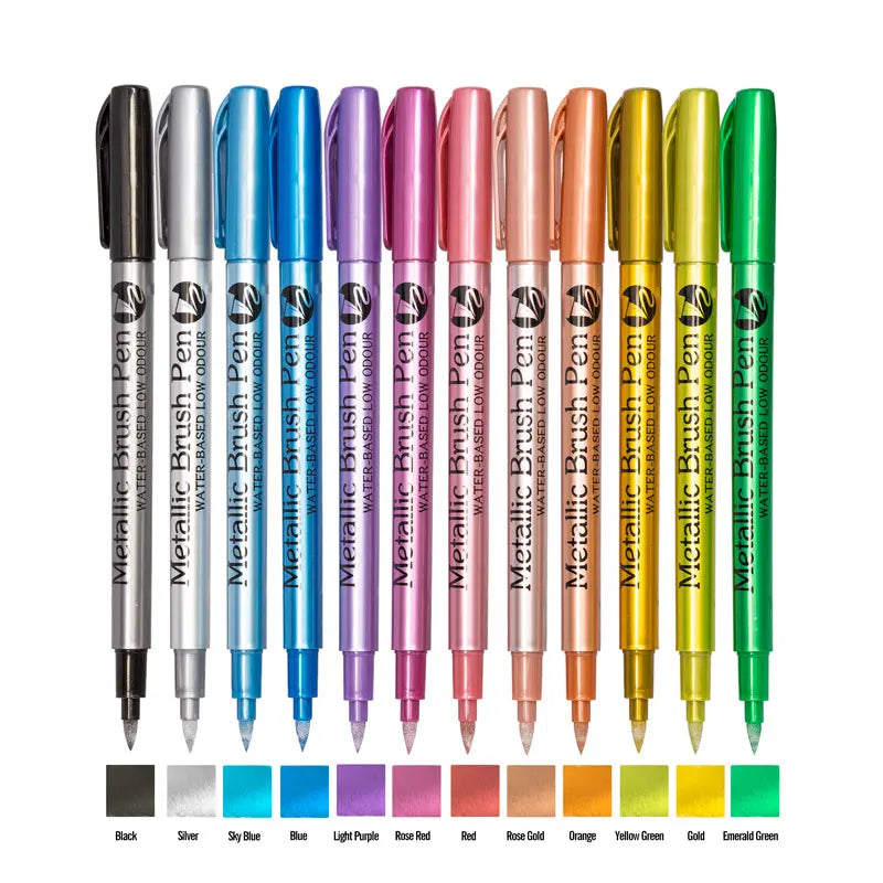 12 Colors Brush Metallic Paint Markers Pens for Rock Painting Stone Ceramic Wood Fabric Pebbles Scrapbook Journals Photo Albums