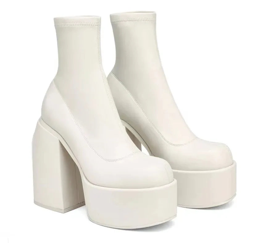 Women New Fashion Short Boots Women Sexy Leather Boot Square toe casual Zipper high heels Casual thick soled women shoes Zapatos