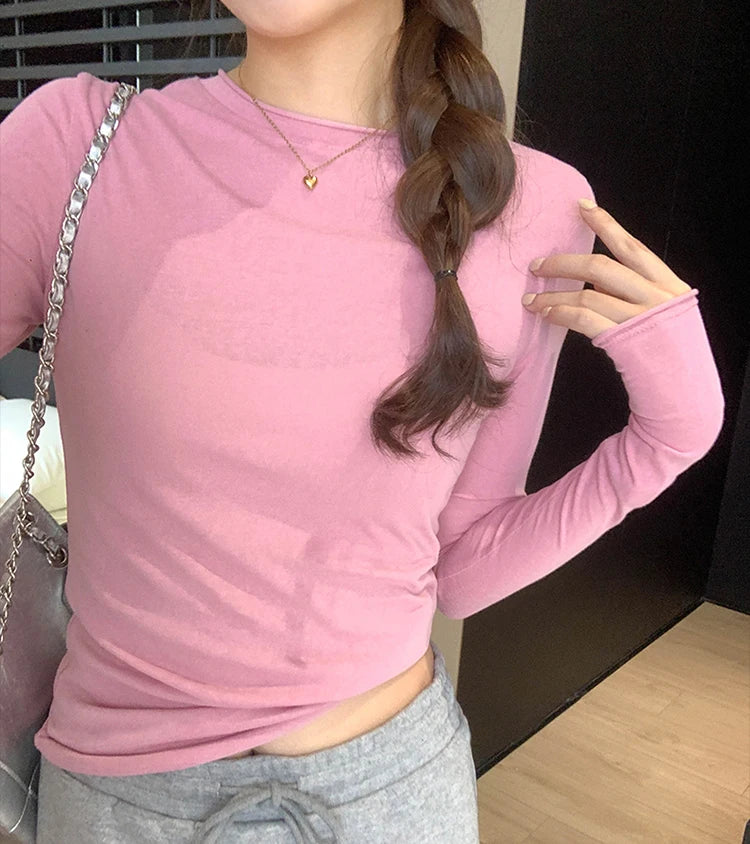 Spring Autumn T shirt Women Tops Solid Long Sleeve Ruched O Neck Tshirts Female Korean Casual Streetwear High Quality Base Tees