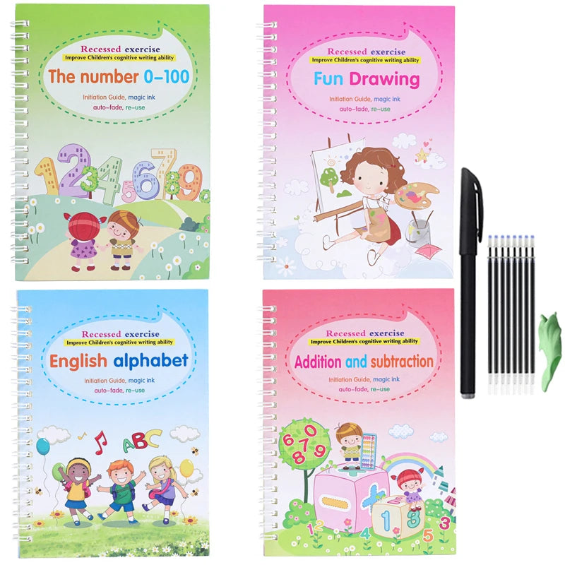 4 Bücher Englisch Übungsheft Zauberstift Nachfüllpackung Automatisch Verschwindende Tinte Kinder Schreibaufkleber Übung für Kinder Erleuchtungsgeschenk