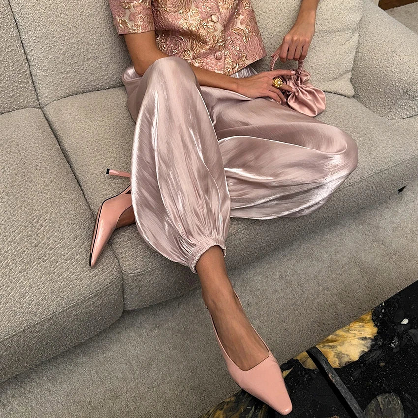 Linad Elegant Pink Crepe Loose Bloomers For Woman Street Chic Pleated Trousers Female Autumn Vintage High Waist Long Pants 2025