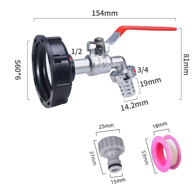 S60x6 Coarse Thread IBC Tank Tap Connecter x 1/2'' 3/4'' Water Coupling Adapter 1000L Garden Home Replacement Valve Fitting