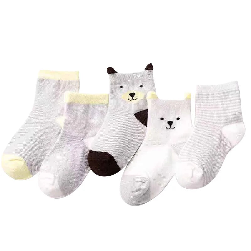 5 Paar Cartoon-Babysocken Frühling Herbst Streifen Punkte Mädchen Jungen Söckchen Weiche Kleinkind Kinder Kurze Socken