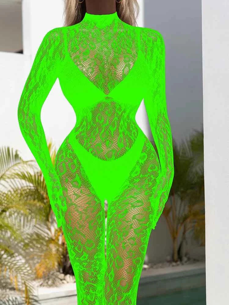 Sexy Lace See Through Bodysuit Long Sleeve Fishnet Jumpsuits Elastic Night Club Jump Suits for Women Sexy Pole Dancing Overalls