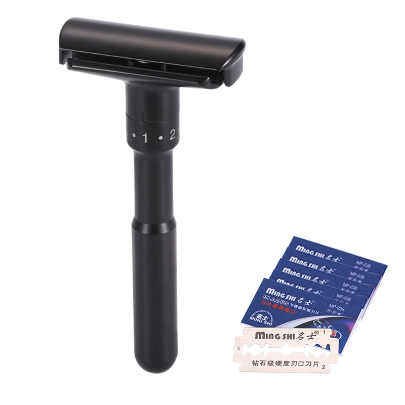 Adjustable Safety Razor for Men Matte Black Manual Shaver Double Edge Razors Reusable Metal Razor for Smooth Close Shaving