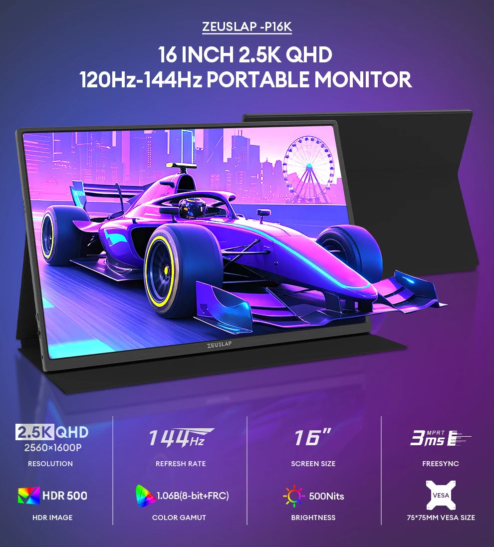 ZEUSLAP 16" 2.5K 144hz Portable Monitor 2560*1600 16:10 100%sRGB 500Cd/m²  Travel Gaming Display for Laptop Switch ps4 ps5 Xbox - Shoppiline