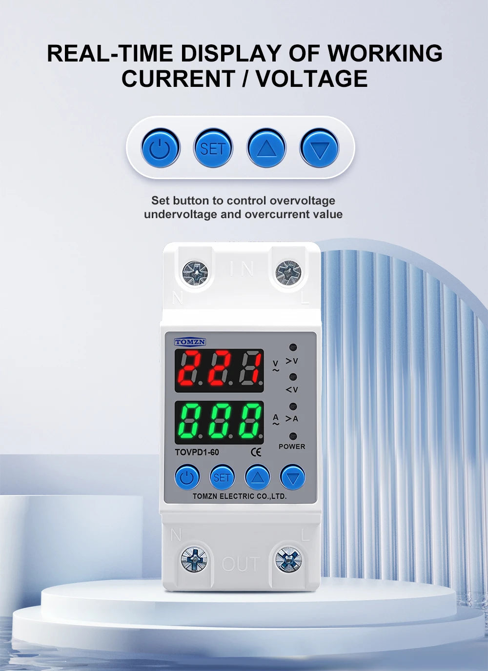 DIN Rail Dual Display Adjustable Over Voltage Current And Under Voltage Protective Device Protector Relay 40A 63A 80A 220V 230V
