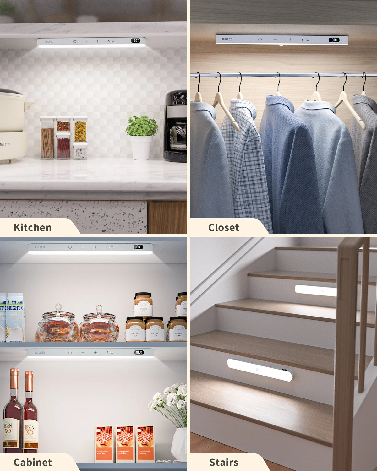WILLED Under Cabinet Lights Rechargeable Battery Display 60 LED Touch Light Bar Motion Sensor Light Closet Light Night Lights - Shoppiline