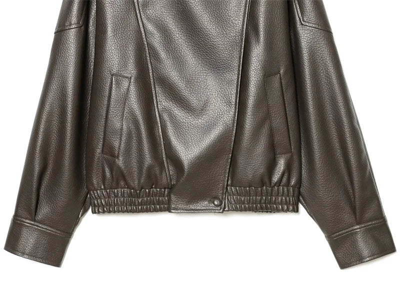 Women's Jacket 2026 Autunm  New Black Long Sleeve Pebble Faux Leather Jacket Motorcycle Style Personality Fashion