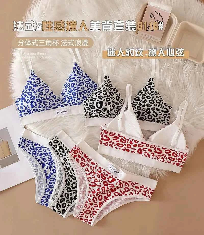 2025 Summer New Women's Leopard Print Traceless and Steel Rim Bra Adjustable Shoulder Strap Back Women's Underwear Set