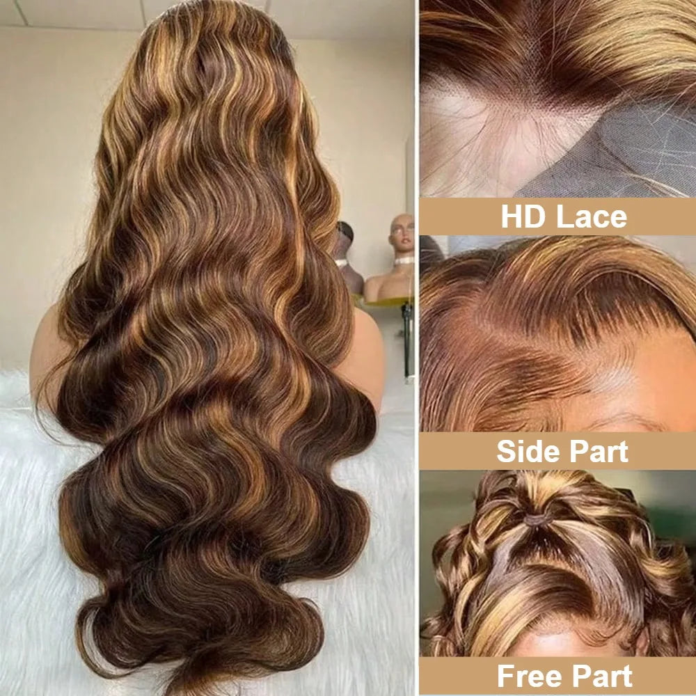 30 Zoll Honigblond Ombre Lace-Front-Perücke Echthaar 13x4 HD Lace-Front-Perücke 4/27 Highlight Ombre Body Wave Lace Frontal Ohne Kleber