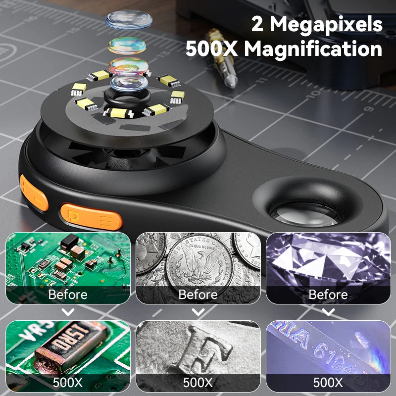 2.0inch 500X Digital Microscope 1080P Video Coin Microscopio with Magnifying Glass Wiht 8Leds for Electronics Repair Windows/Mac - Shoppiline