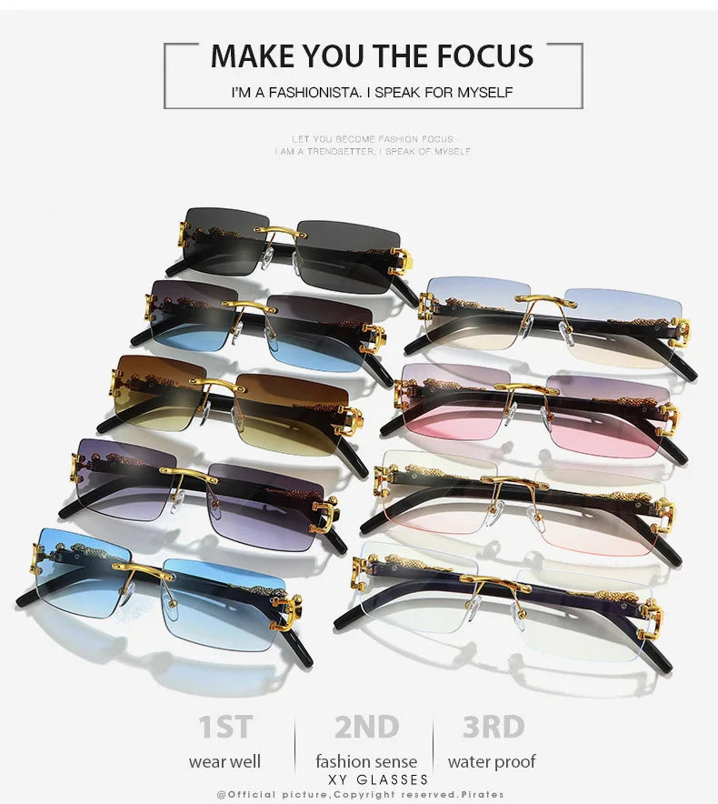 Fashion Rimless Sunglasses Women Men Cheetah Decoration Rectangular Brand Designer Sun Glasses