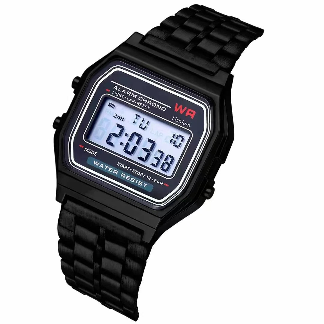 F91W Nicht wasserdichte Stahlbanduhr für Damen, Herren, Business-Uhr, multifunktionale LED-Digital-Sportuhr, elektronische Uhr