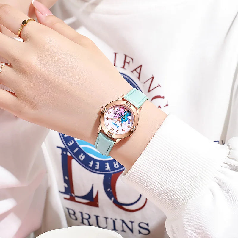 New Cartoon Pattern Stitch Girls Watches for Kids Leather Strap Children Watch with Rhinestone Dial reloj stich Exquisite Gift