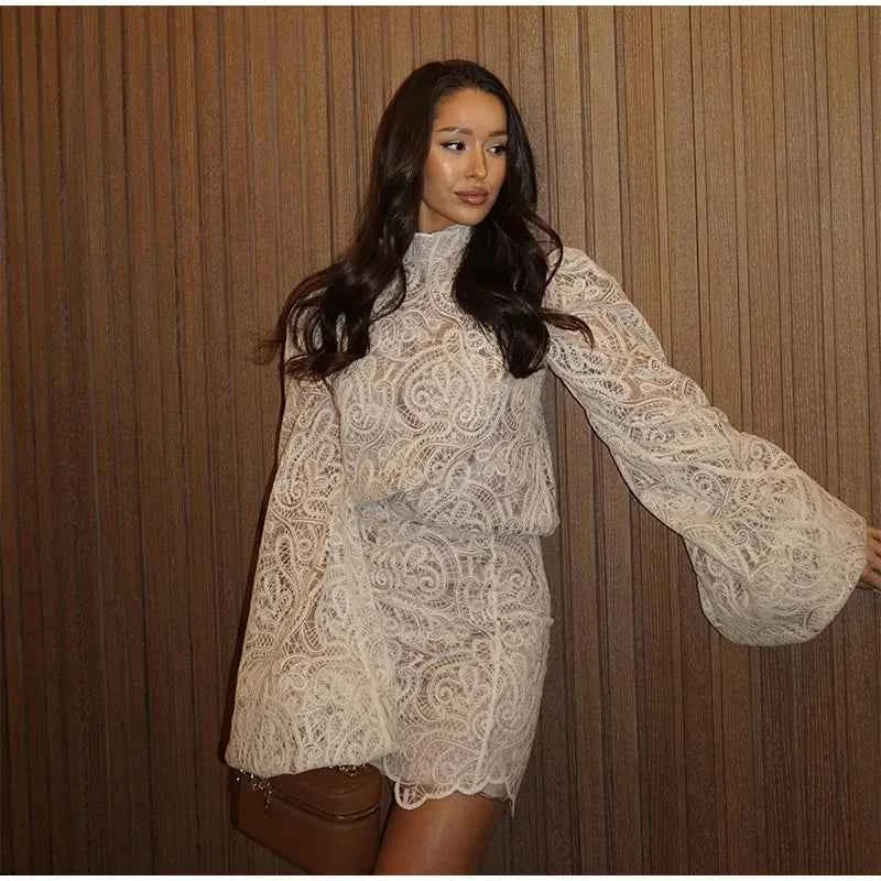 Trendy Lady Hollow Out Lace Mini Dress Elegant 2025 New Long Sleeve Designs Chic High Neck Short Vestidos Autumn Club Night Gown