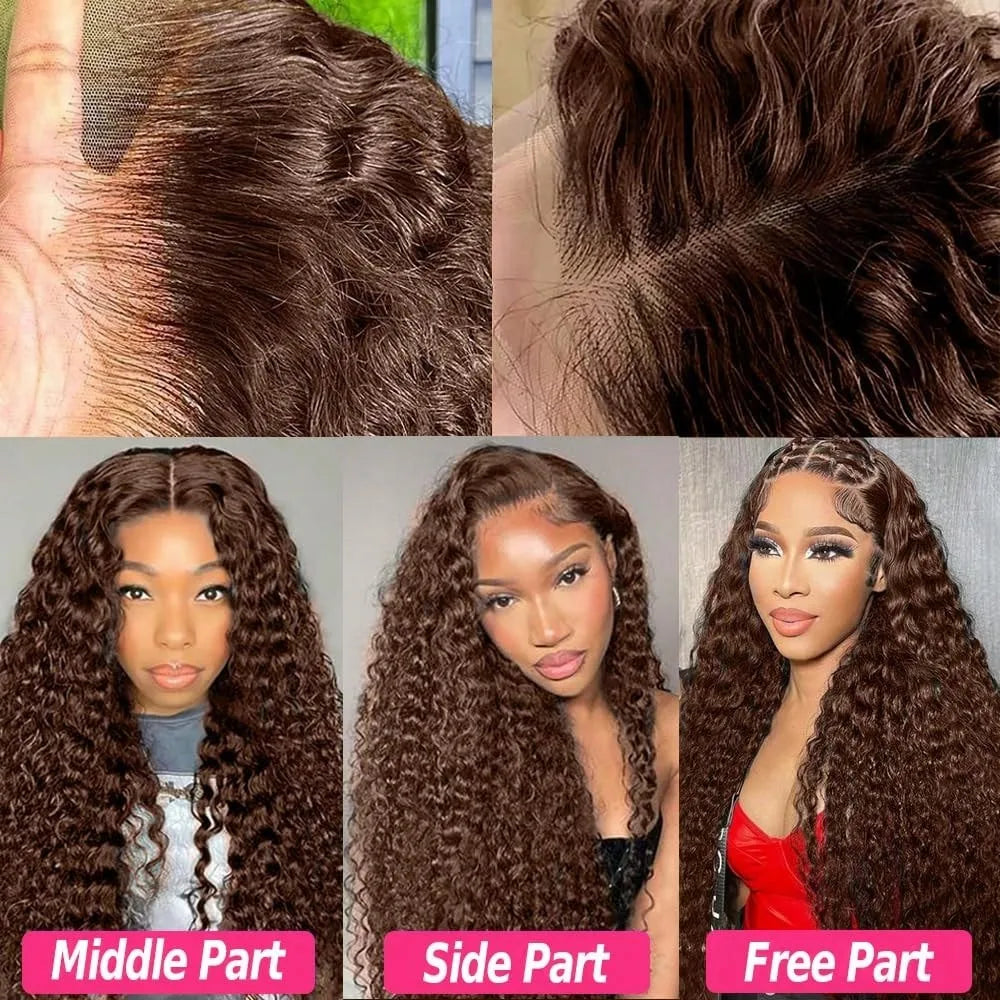 Schokobraune Deep Wave 13x6 Lace Front Perücke Echthaar Wasserwelle 250% Dichte Lockige Perücke Echthaar Braune Perücken Vorgezupft
