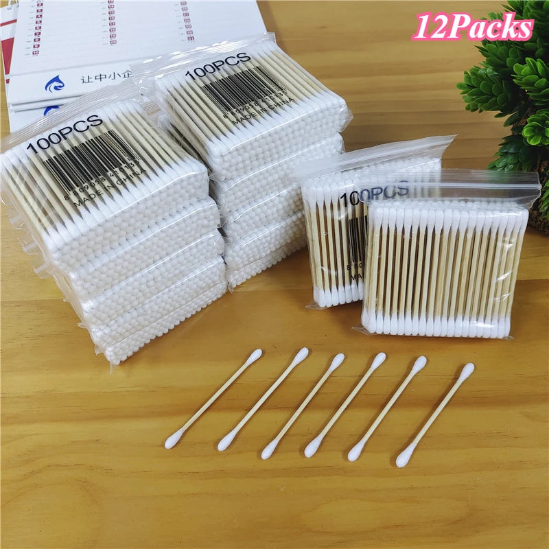 1 à 20 paquets de 100 bâtonnets en bois/paquet Coton-tiges pour bébés Nettoyage des oreilles Tampons Coton-tiges de santé et de beauté Bourgeons de coton de nettoyage