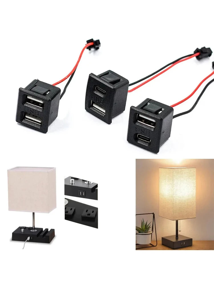 1 Pcs Noir Double Couche USB Femelle Type-C Douille et USB Femelle Lampe Prise de Charge Prise de Courant avec Connecteur de Câble