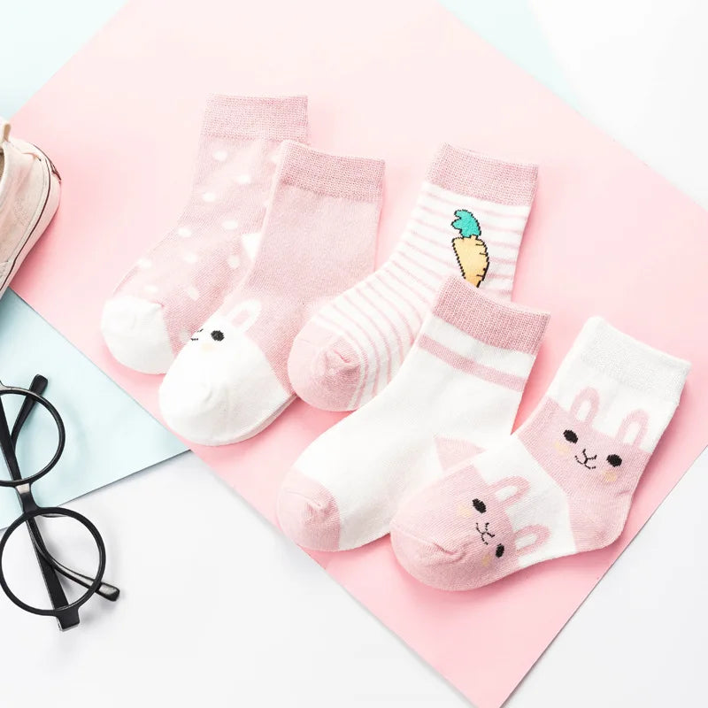 5 Paar Cartoon-Babysocken Frühling Herbst Streifen Punkte Mädchen Jungen Söckchen Weiche Kleinkind Kinder Kurze Socken