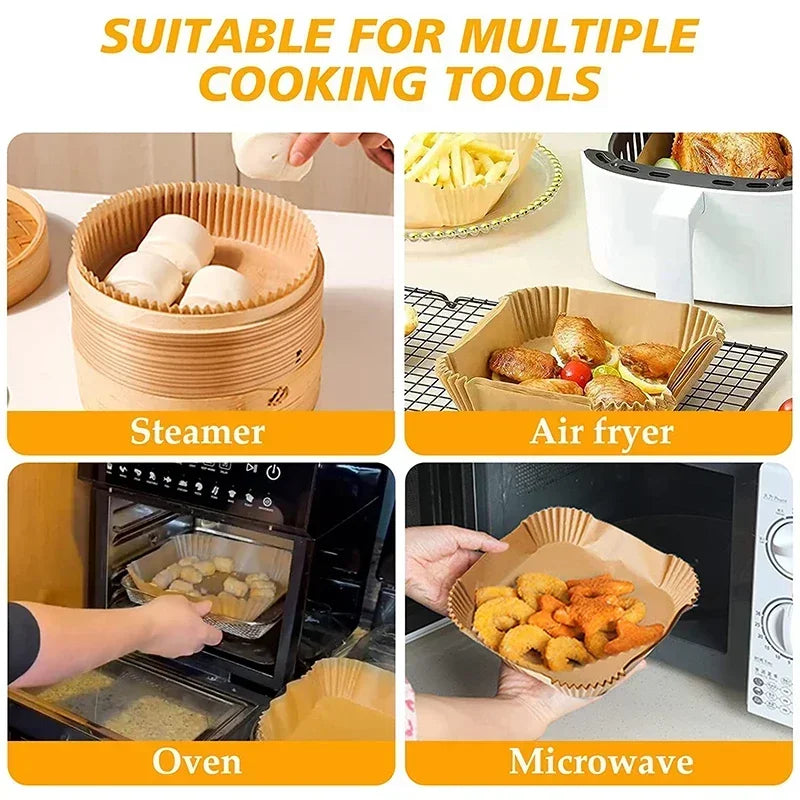 50/100PCS Einweg-Heißluftfritteusenpapier Quadratisch Rund Backpapier Grillplatte Antihaftmatte Küchenbackofen Öl absorbierendes Papierwerkzeug