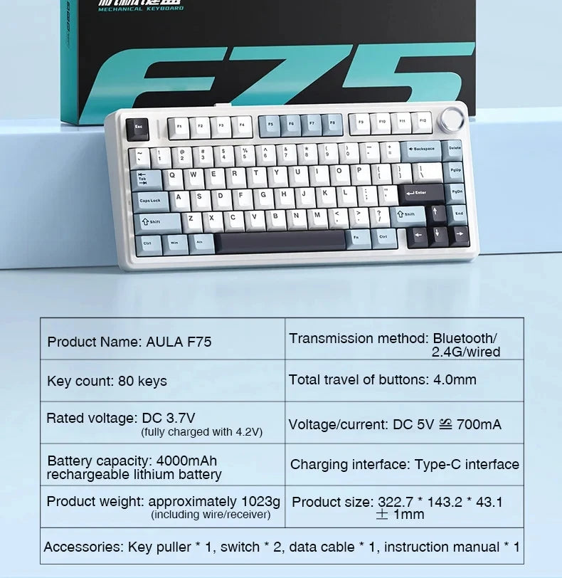 AULA Mechanical Keyboard F75 2.4GWireless/Bluetooth/Wired Gaming Mechanical Keyboard Can Freely Switch Between Game/Office Modes