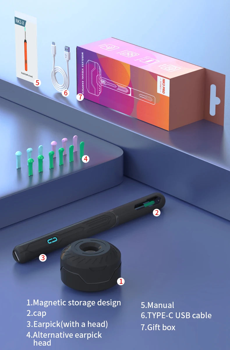 Ear Cleaner with Camera Set HD Ear Sticks Otoscope USB C Charging Endoscope Wax Removal Tool Earpick Ear Cleaning Set NK3 Pro