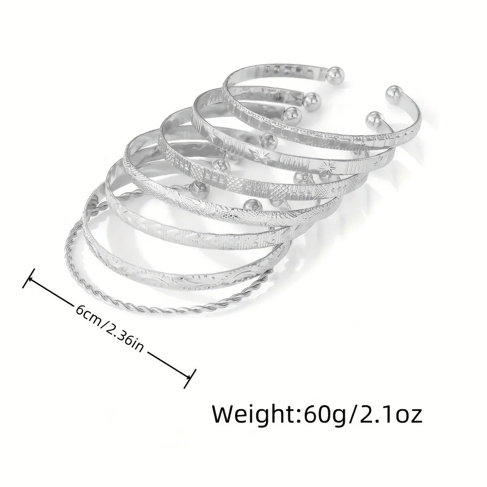 7Pcs Boho Minimalist Stackable Cuff Bangle Set Engraved Multi Pattern Open Bracelet for Women Trendy Jewelry Gift Accessories