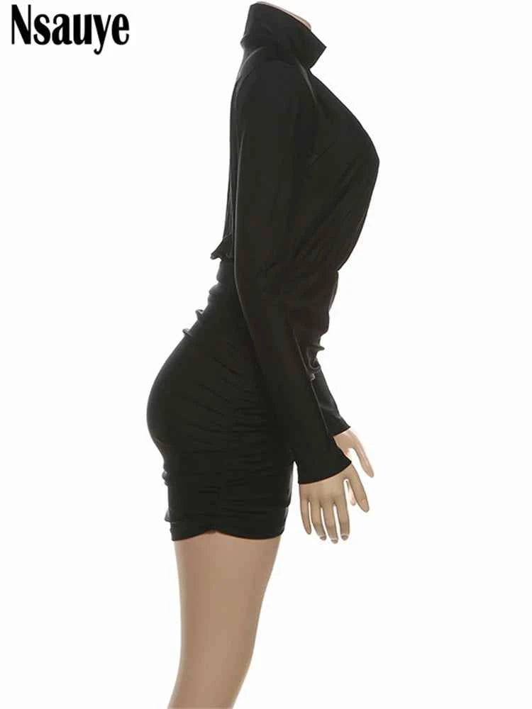Nsauye Black Long Sleeve Mini Short Fashion Women Winter Dress Pullover Turtleneck Wrap Sexy Evening Party Night Club Dress 2025