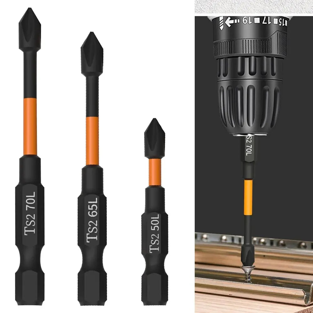 3PCS S2 Impact Strong Magnetic Anti Slip 50-70mm Electric Hand Drill Cross Screwdriver Bit Electric Tool Accessory Set