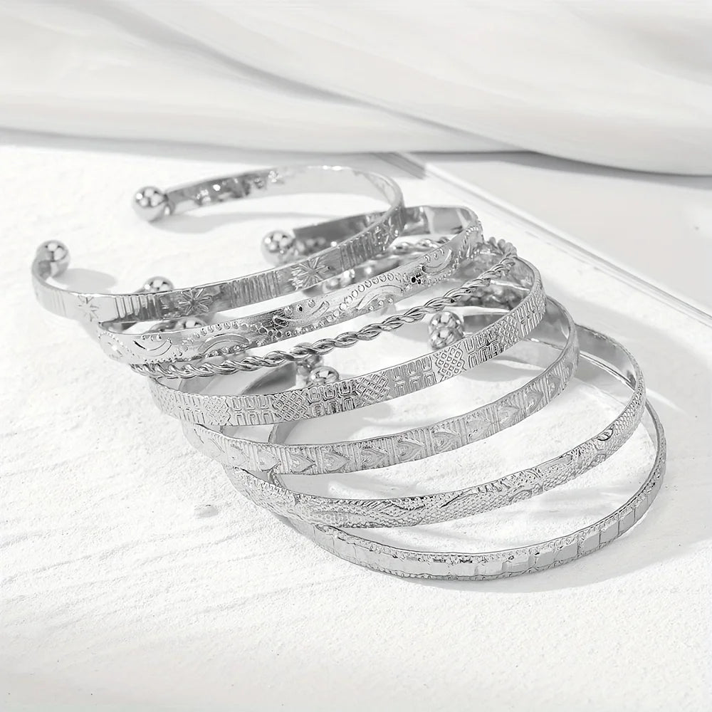 7Pcs Boho Minimalist Stackable Cuff Bangle Set Engraved Multi Pattern Open Bracelet for Women Trendy Jewelry Gift Accessories