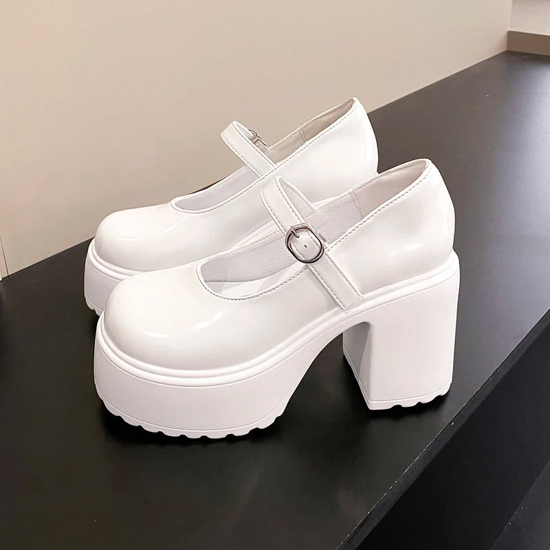 Schwarze Super High Heels Mary Jane Schuhe Damen 2026 Goth Chunky Plateaupumps Damen Übergröße Knöchelschnalle Party Lolita Schuhe 42