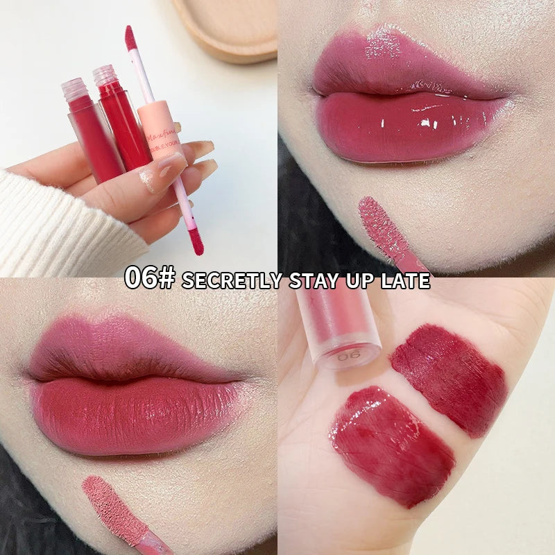 Doppelseitiger Lip Glaze Vollglanz Spiegel und mattes Samt Langzeit-Farbe und Feuchtigkeit Lip Gloss Anti-Flecken Kosmetik Lip Glaze