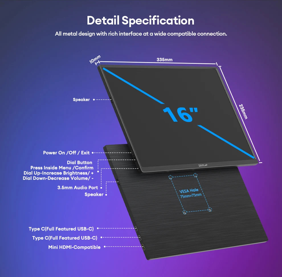 ZEUSLAP 16" 2.5K 144hz Portable Monitor 2560*1600 16:10 100%sRGB 500Cd/m²  Travel Gaming Display for Laptop Switch ps4 ps5 Xbox - Shoppiline