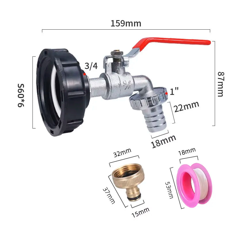 S60x6 Coarse Thread IBC Tank Tap Connecter x 1/2'' 3/4'' Water Coupling Adapter 1000L Garden Home Replacement Valve Fitting