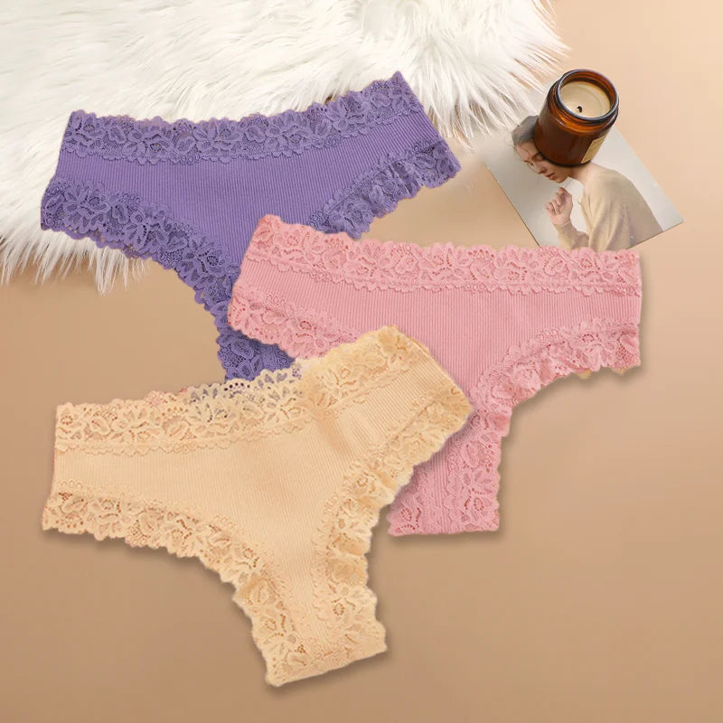 3Pcs/set Women Cotton Panties Floral Lace Intimate Underwear Trendy Patchwork Lace Briefs Female Soft Underpants Lingerie S-XL