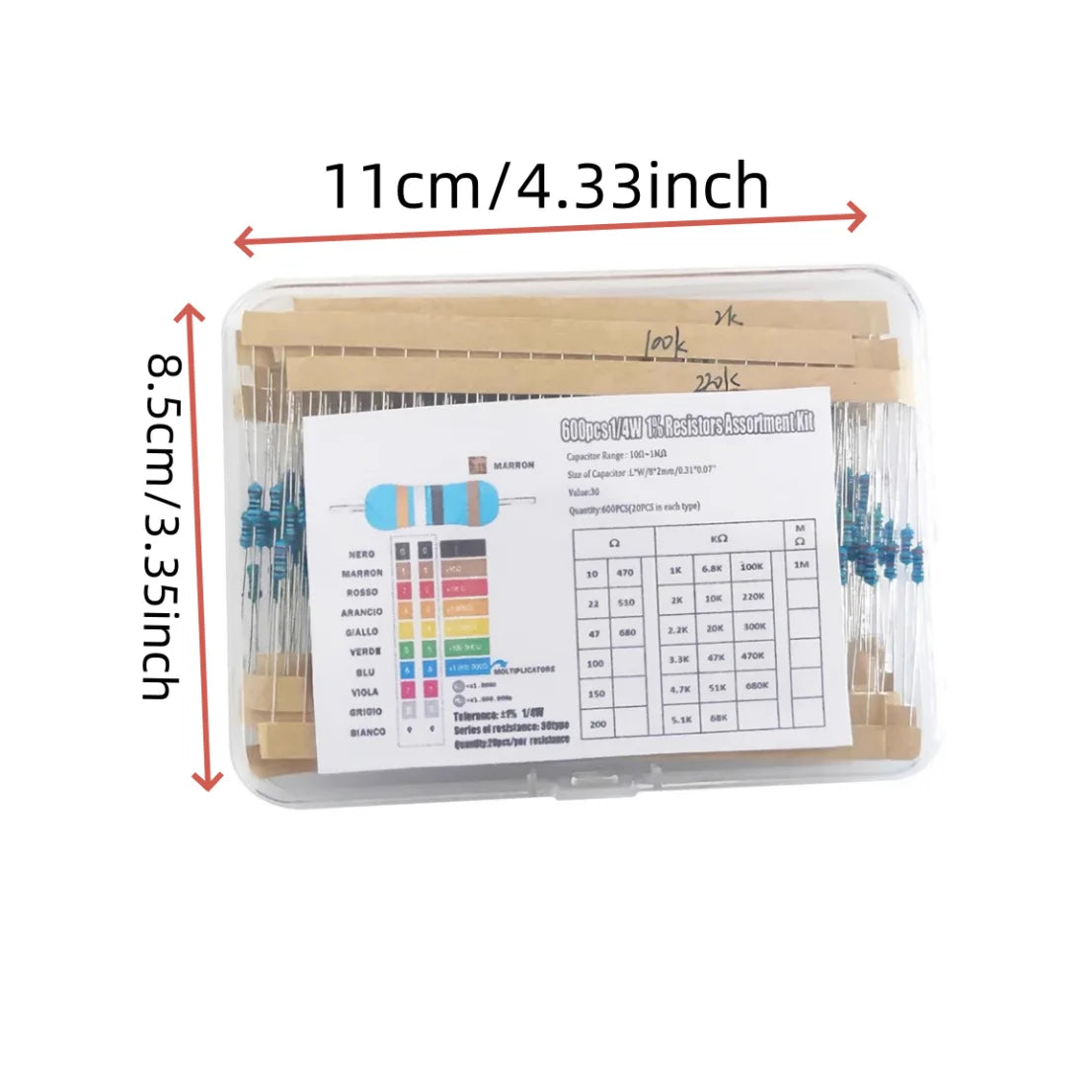 600PCS 1/4W metal film resistor pack accuracy 1% 10R-1M resistance values 30 types, 20 sample packs each
