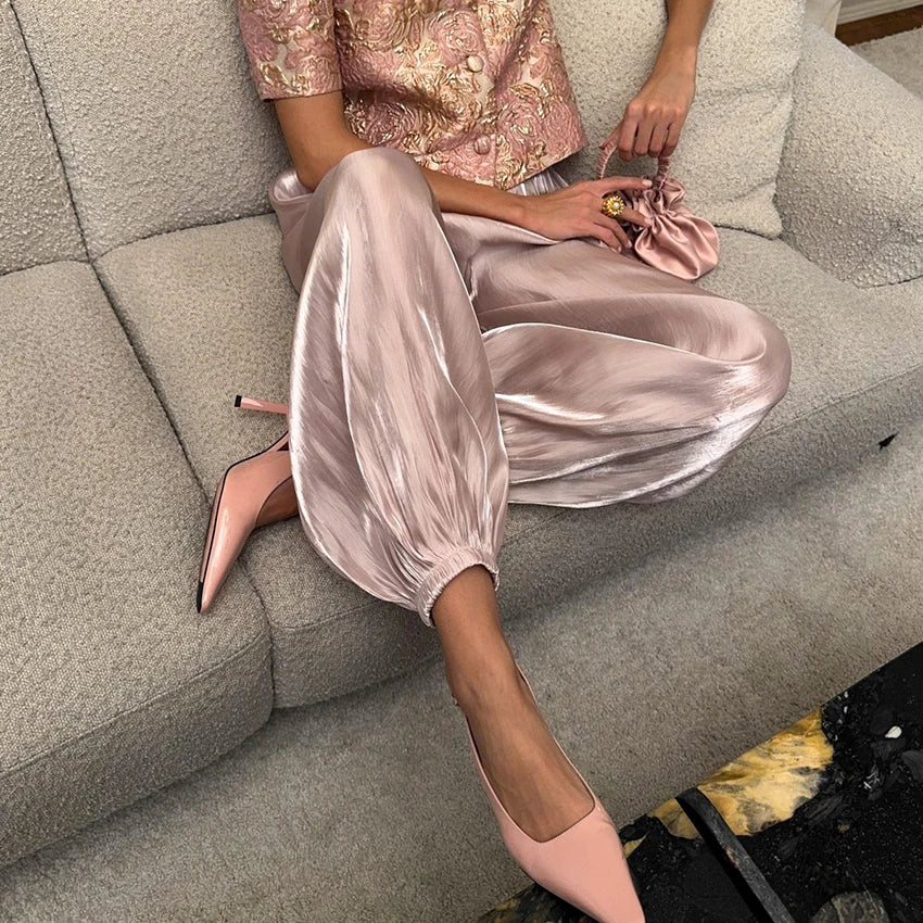 Linad Elegant Pink Crepe Loose Bloomers For Woman Street Chic Pleated Trousers Female Autumn Vintage High Waist Long Pants 2025