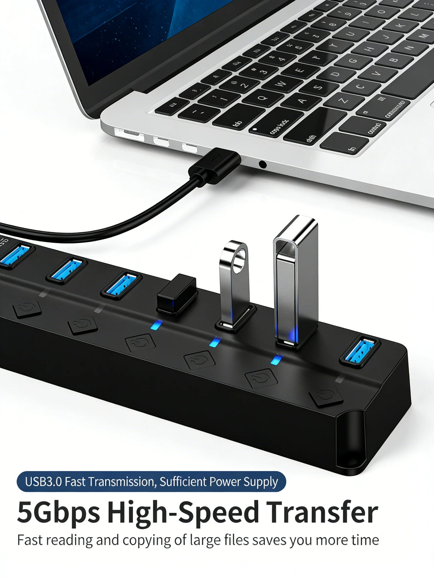 USB 3.0 Hub 4/7 Port with LED Indicator Independent Switch Control for Laptop Flash Drive Hard Disk Printer Camera Keyboard