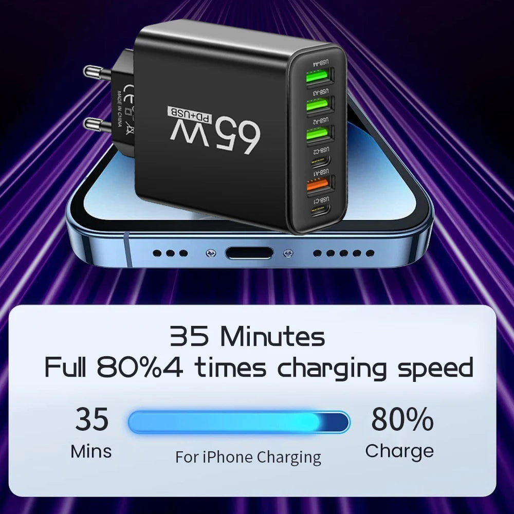 65W 6 in 1 USB Charger Type C Fast Charging Phone Wall Charger Adapter For iPhone Samsung Xiaomi Huawei EU/US Plug Quick Charger