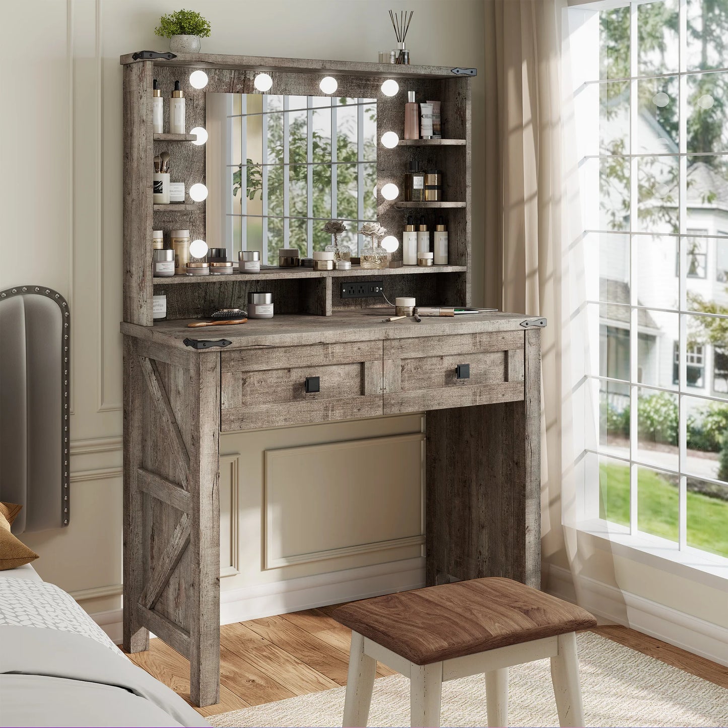 Petite coiffeuse avec miroir et lumières, en bois, avec tiroirs de rangement et station de charge, pour chambre de femme ou petit espace.