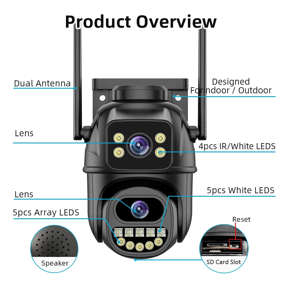 4K 8MP HD Wifi PTZ Camera Outdoor 4MP Dual Lens Dual Screen AI Auto Tracking IP Camera CCTV Audio Video Surveillance P2P iCSee - Shoppiline