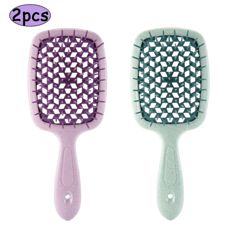 2Pcs Professional Detangling Hair Brush & Comb Set Hollow Out Anti-static Scalp Massage Hairbrush for Wet Dry Hair Styling