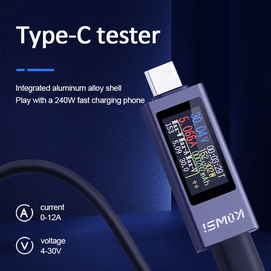 Type-C Multi-function Digital Display DC Voltage Ammeter Power Meter DC 4-30V 12A Voltmeter Ammeter Charger Capacity Tester - Shoppiline