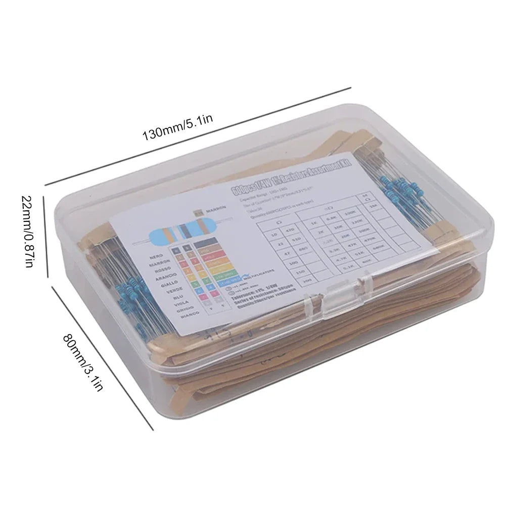 600PCS 1/4W metal film resistor pack accuracy 1% 10R-1M resistance values 30 types, 20 sample packs each