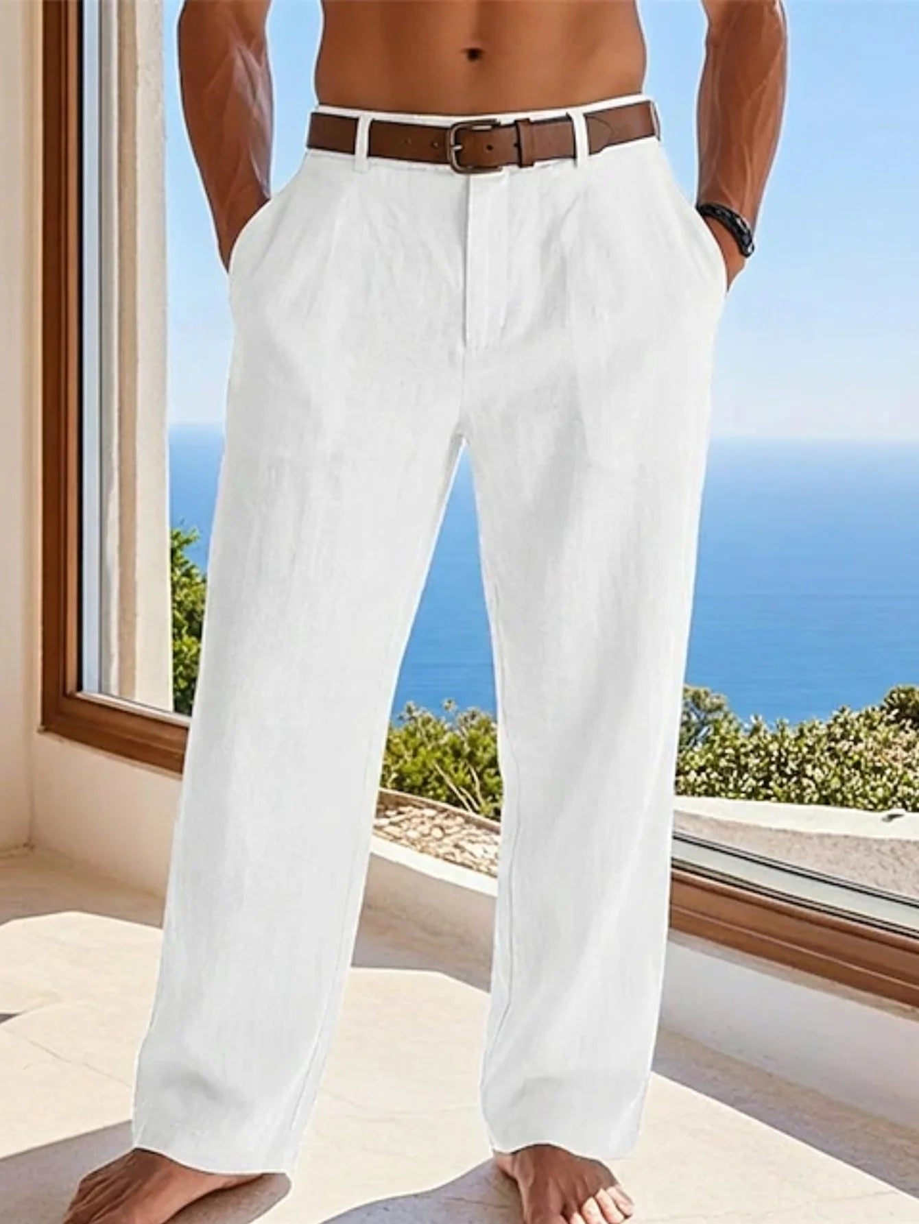 2025 summer men's cotton and linen oversized wide leg pants, men's artistic style elastic waist solid color casual loose pants