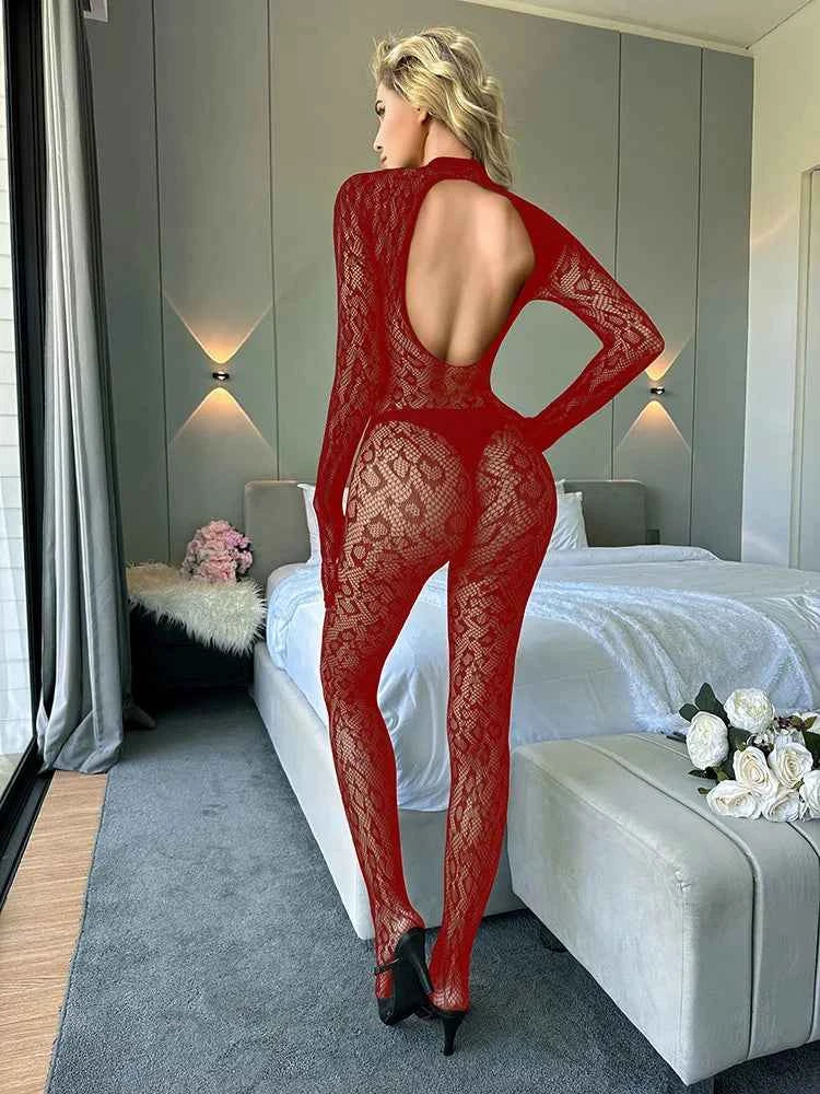 Sexy Lace See Through Bodysuit Long Sleeve Fishnet Jumpsuits Elastic Night Club Jump Suits for Women Sexy Pole Dancing Overalls
